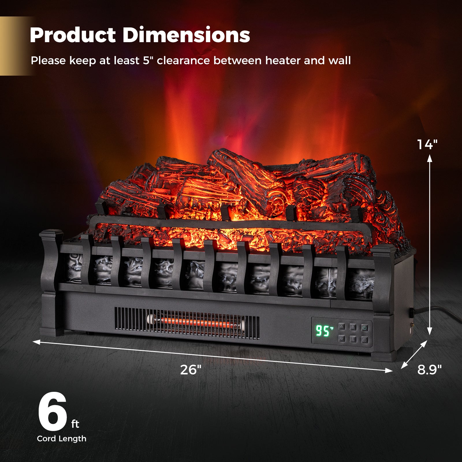 26 Inch WiFi Infrared Quartz Electric Fireplace Insert Logs Heater with Realistic Pinewood Logs-Black