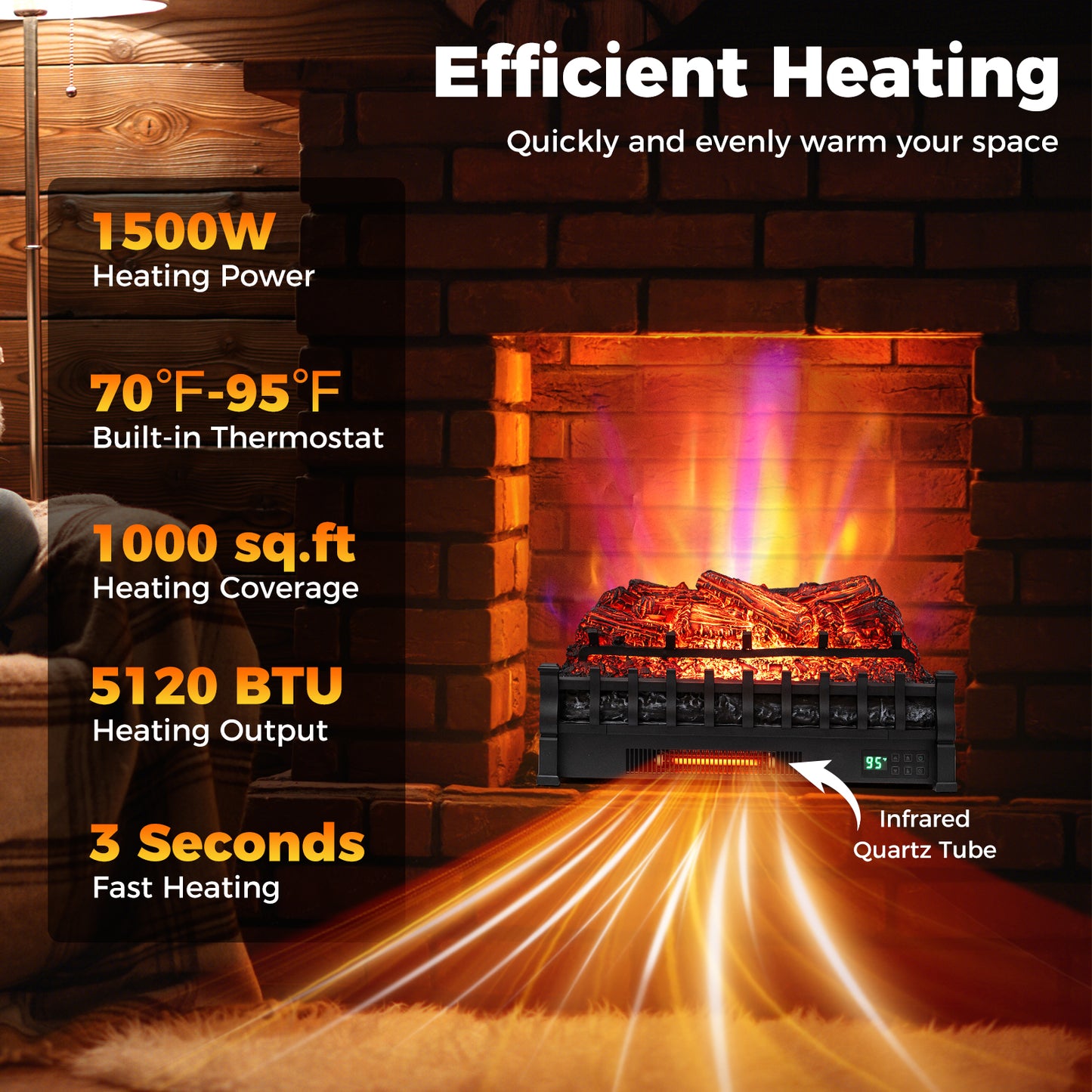 26 Inch WiFi Infrared Quartz Electric Fireplace Insert Logs Heater with Realistic Pinewood Logs-Black