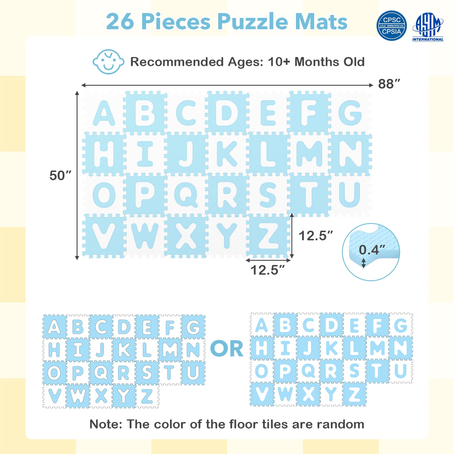26 Pieces Interlocking ABC Play Mats with Detachable Letters-Blue