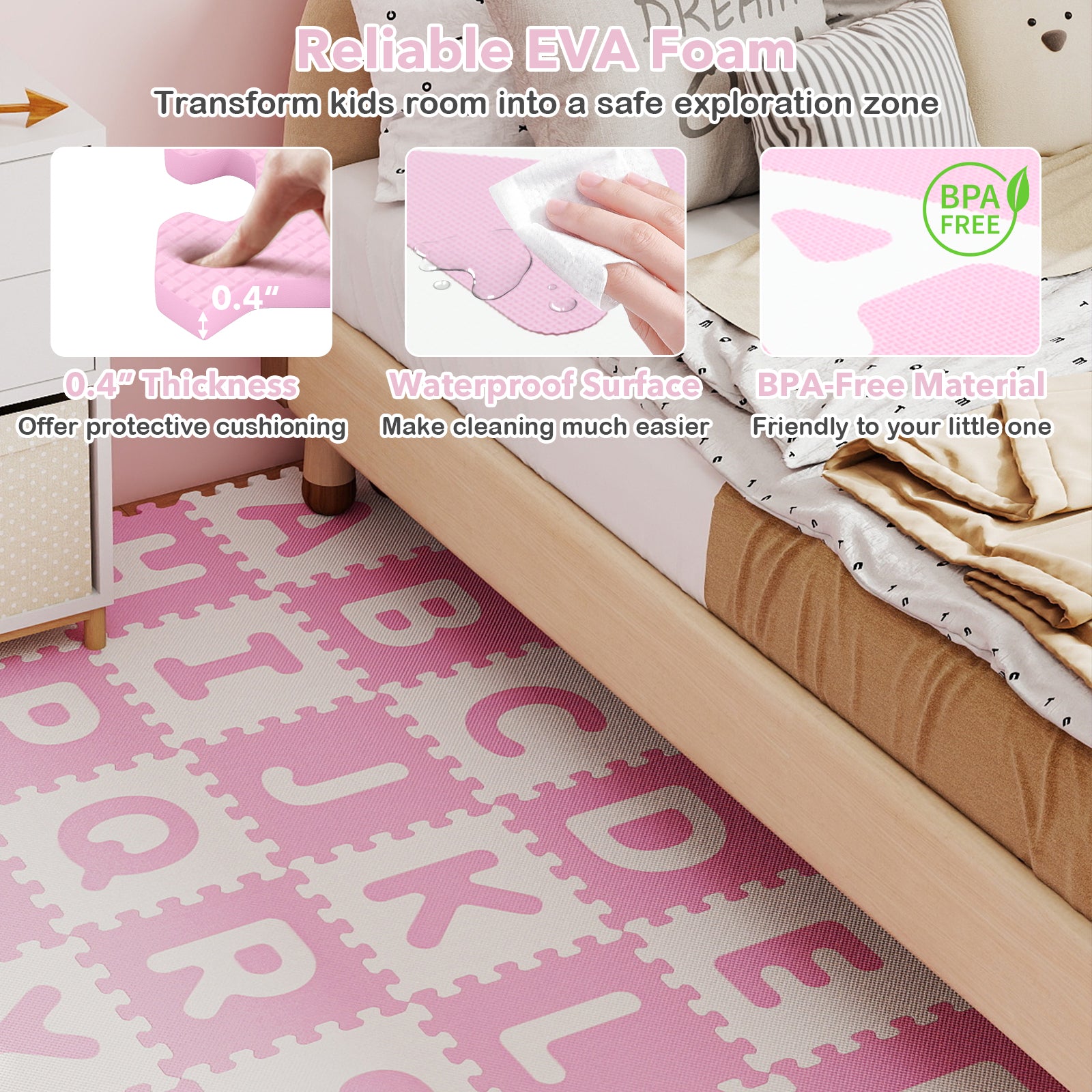26 Pieces Interlocking ABC Play Mats with Detachable Letters-Pink