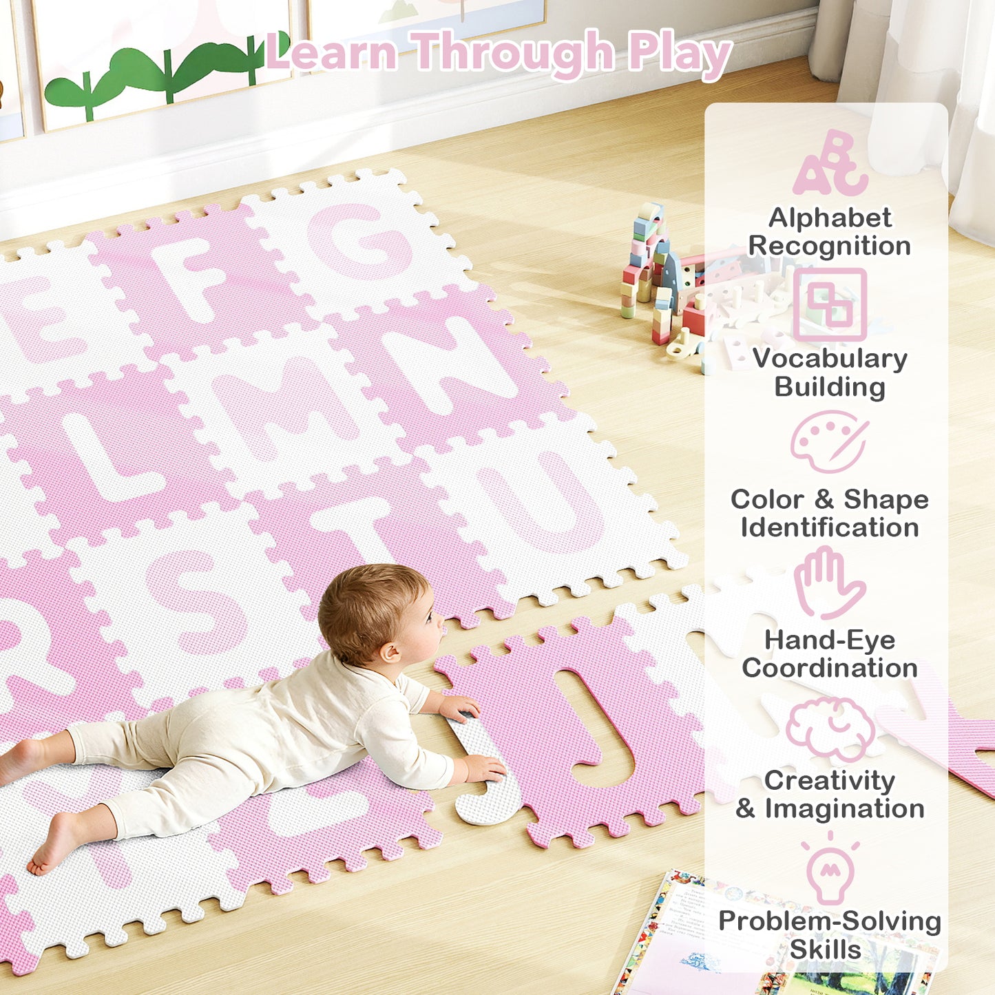 26 Pieces Interlocking ABC Play Mats with Detachable Letters-Pink