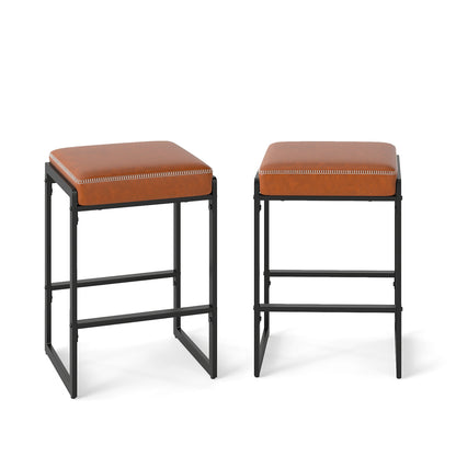 26 inch Bar Stools Set of 2 Counter Height Barstools with Faux Leather Upholstered Seat-Brown