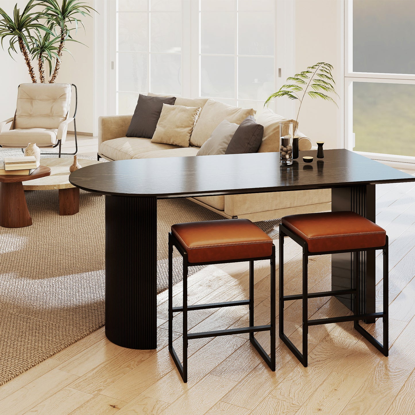 26 inch Bar Stools Set of 2 Counter Height Barstools with Faux Leather Upholstered Seat-Brown