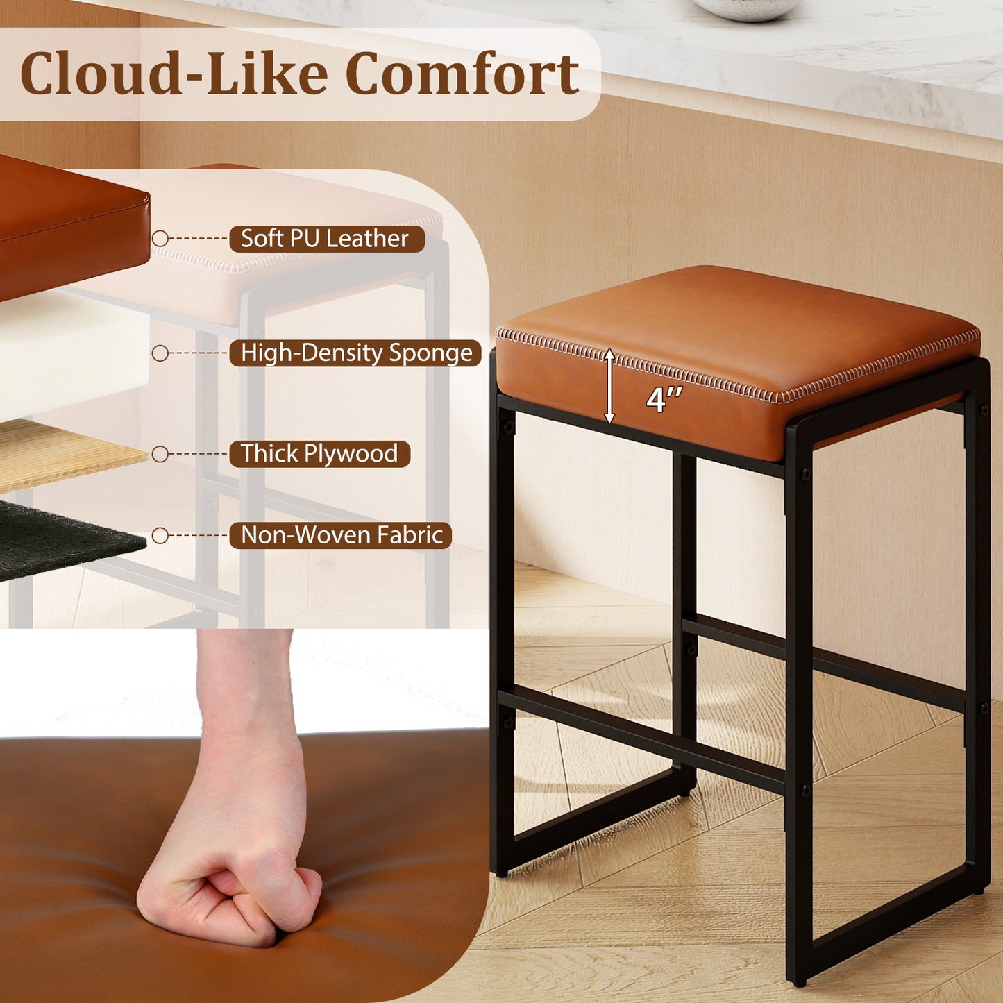 26 inch Bar Stools Set of 2 Counter Height Barstools with Faux Leather Upholstered Seat-Brown