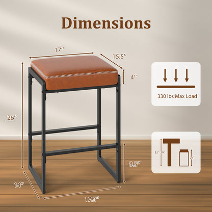26 inch Bar Stools Set of 2 Counter Height Barstools with Faux Leather Upholstered Seat-Brown