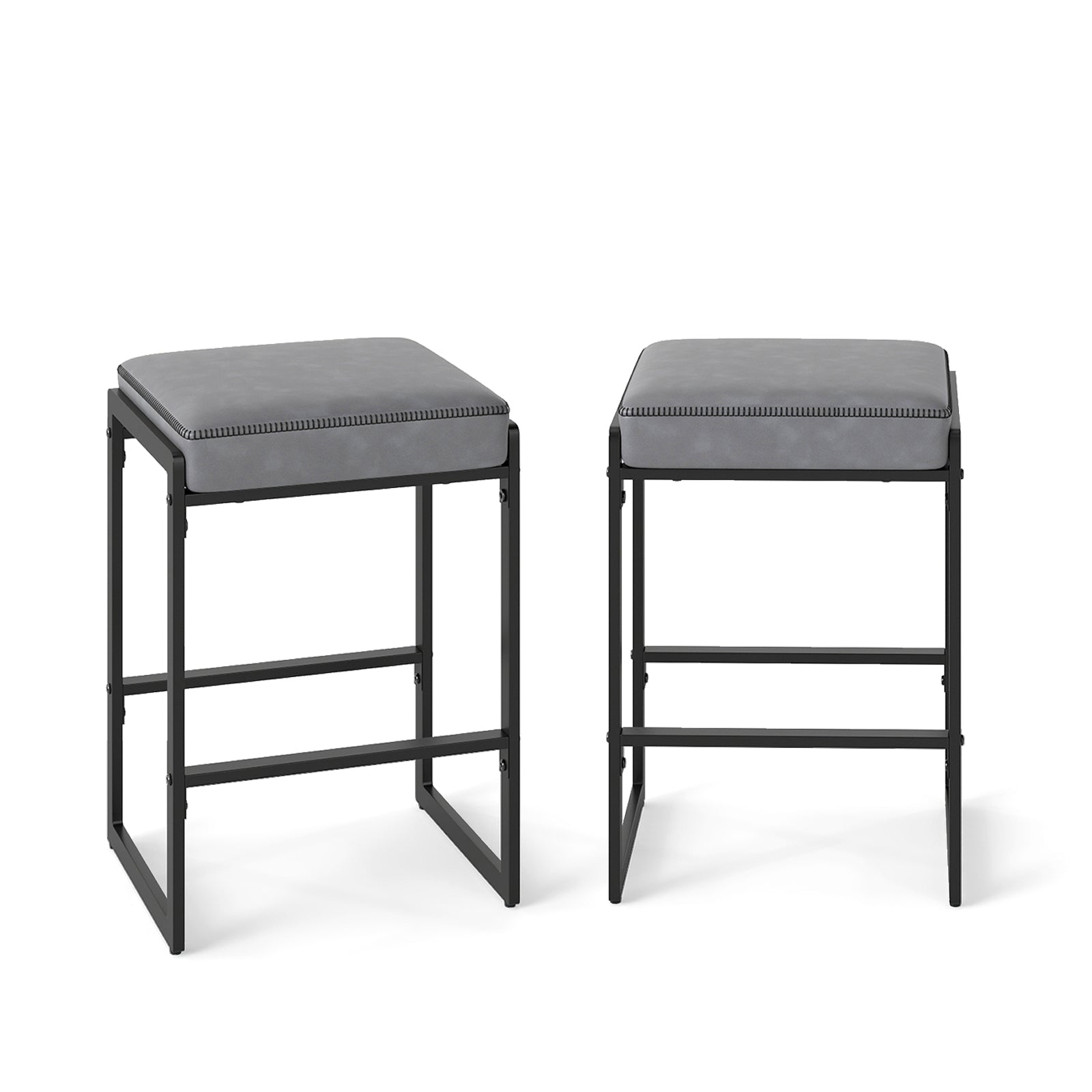 26 inch Bar Stools Set of 2 Counter Height Barstools with Faux Leather Upholstered Seat-Gray