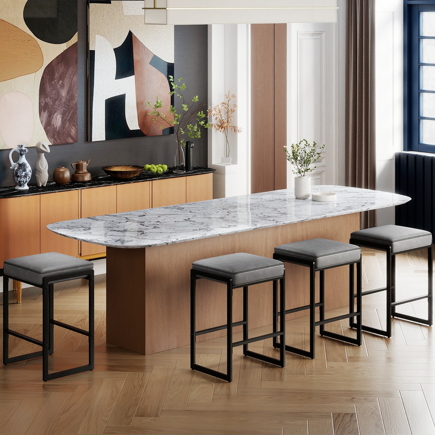 26 inch Bar Stools Set of 2 Counter Height Barstools with Faux Leather Upholstered Seat-Gray