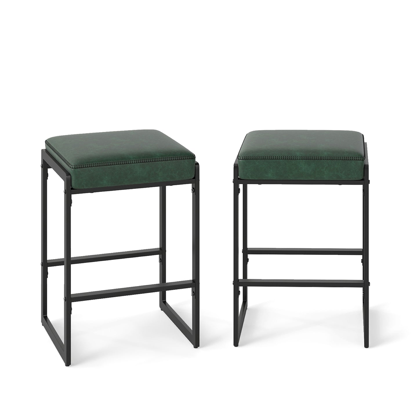 26 inch Bar Stools Set of 2 Counter Height Barstools with Faux Leather Upholstered Seat-Green