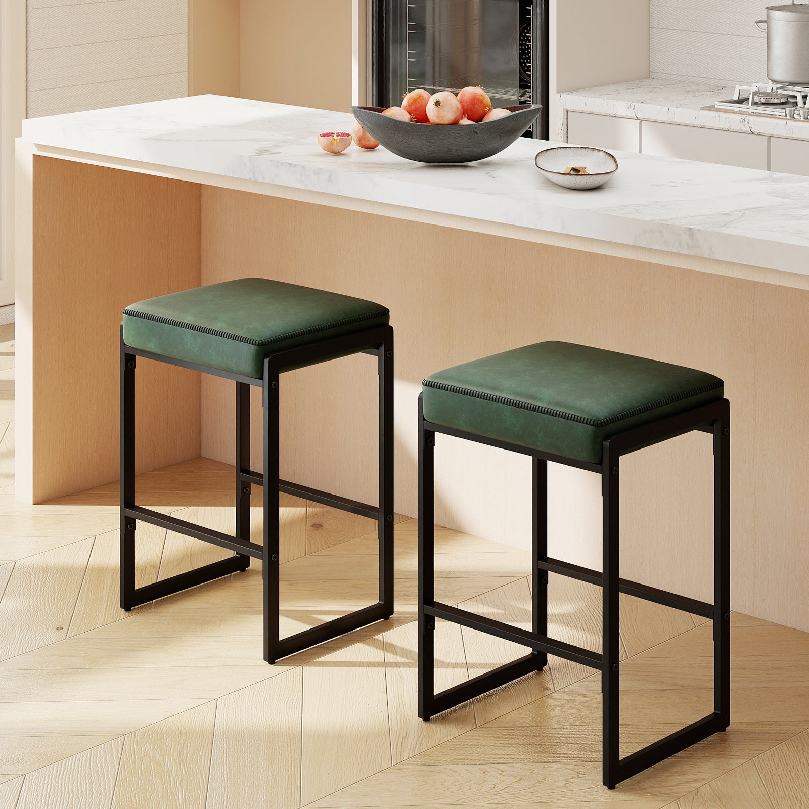 26 inch Bar Stools Set of 2 Counter Height Barstools with Faux Leather Upholstered Seat-Green