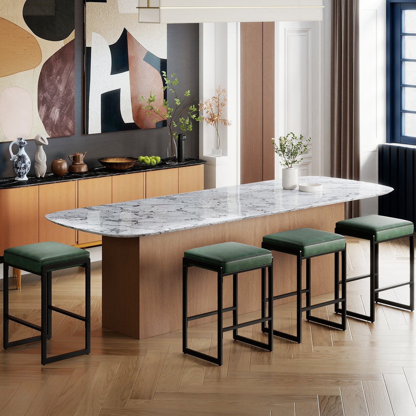 26 inch Bar Stools Set of 2 Counter Height Barstools with Faux Leather Upholstered Seat-Green