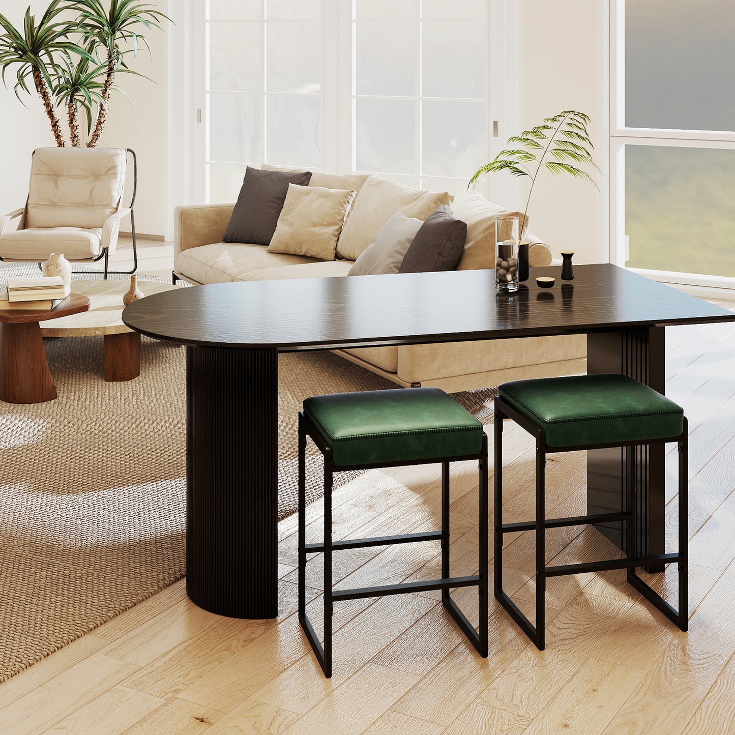 26 inch Bar Stools Set of 2 Counter Height Barstools with Faux Leather Upholstered Seat-Green