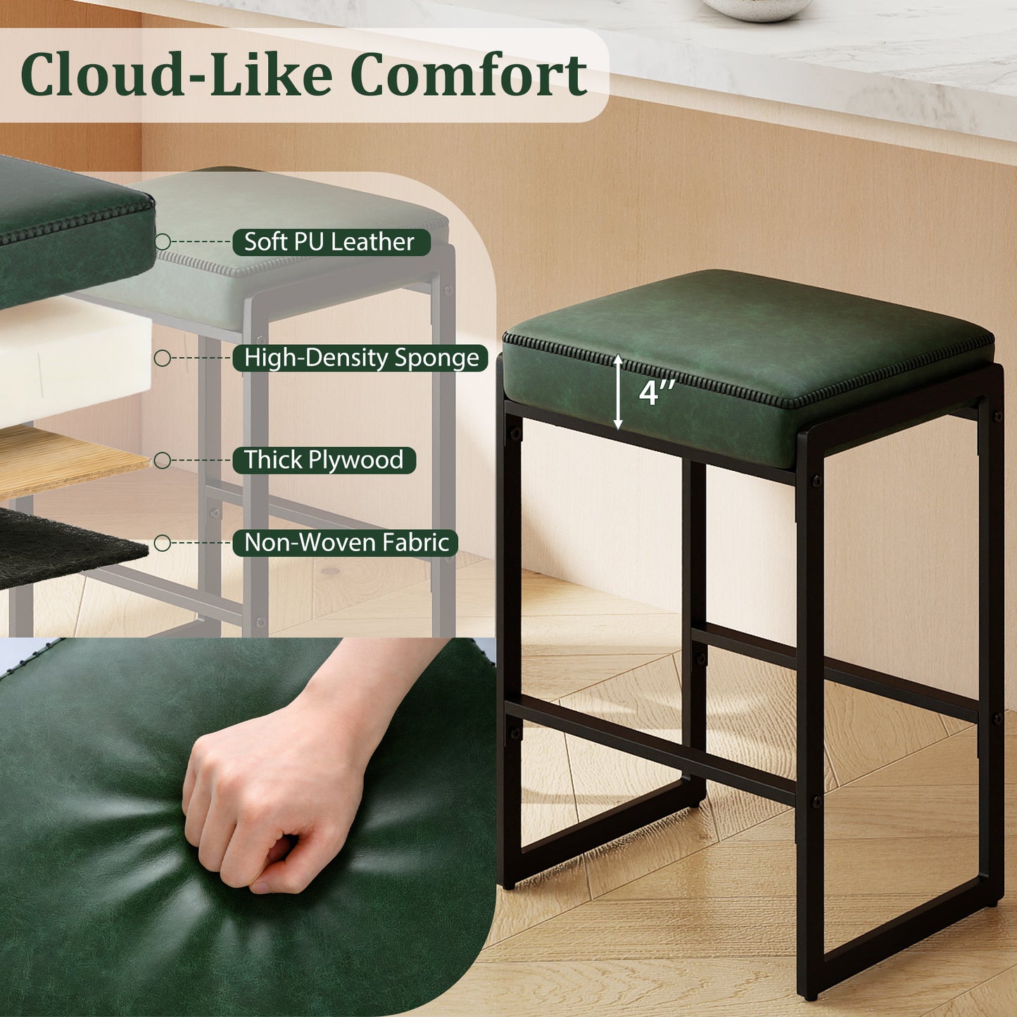 26 inch Bar Stools Set of 2 Counter Height Barstools with Faux Leather Upholstered Seat-Green