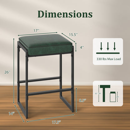 26 inch Bar Stools Set of 2 Counter Height Barstools with Faux Leather Upholstered Seat-Green