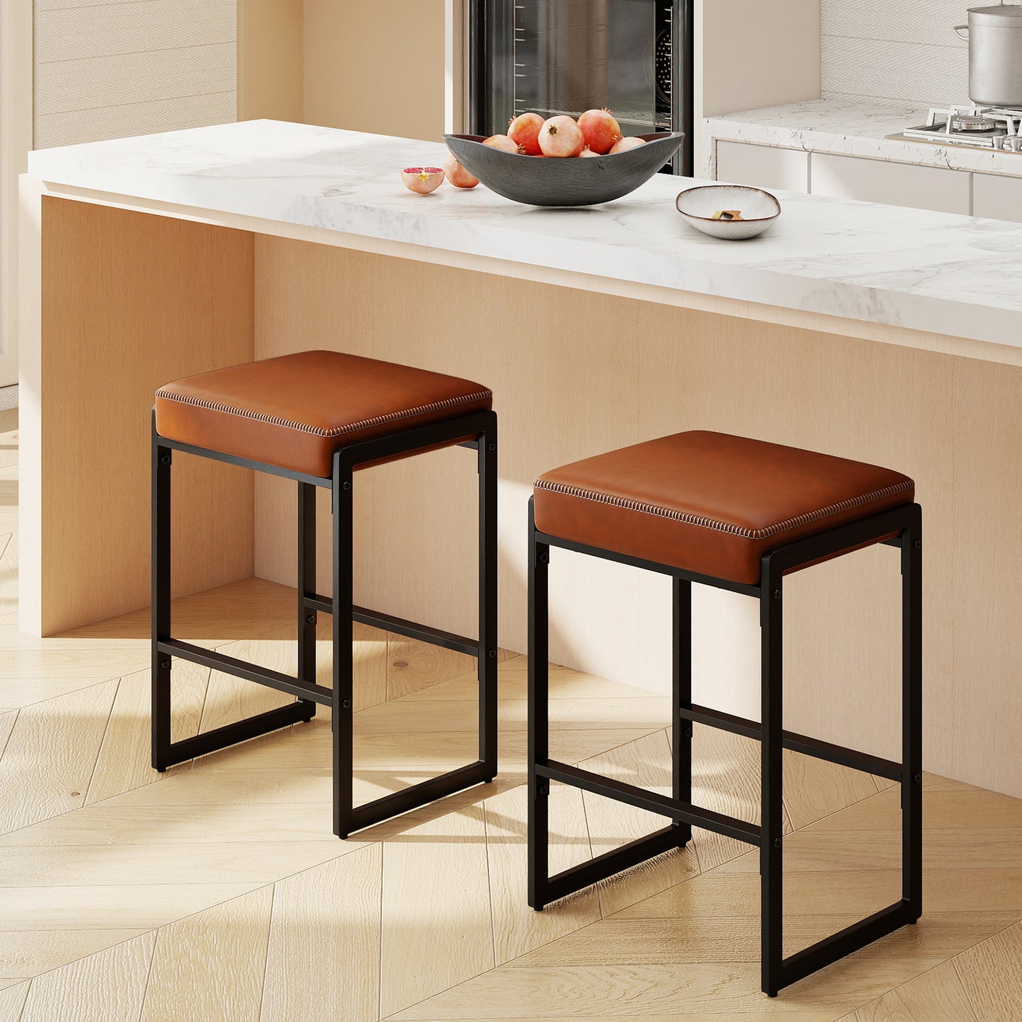 26 inch Bar Stools Set of 4 Counter Height Barstools with Faux Leather Upholstered Seat-Brown