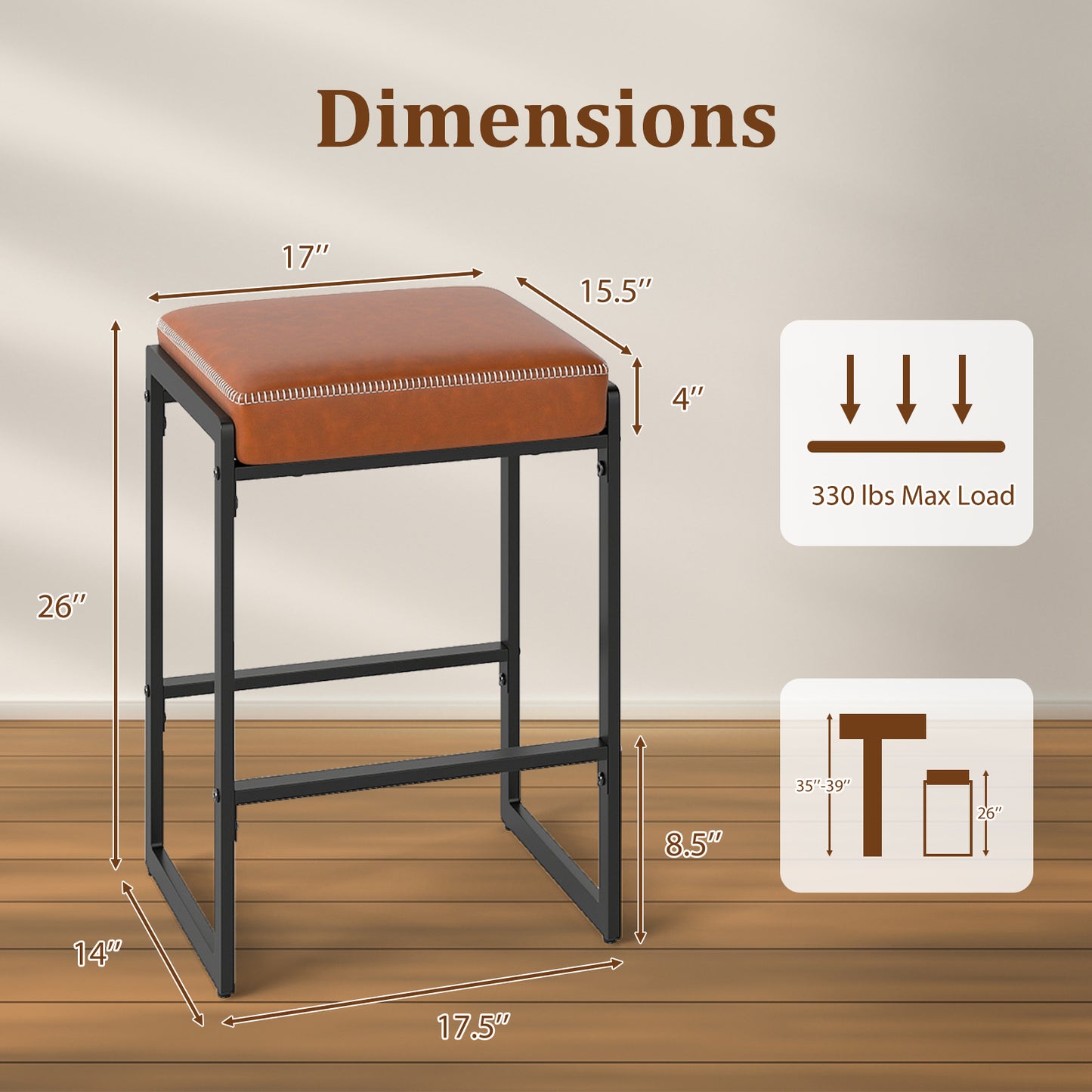 26 inch Bar Stools Set of 4 Counter Height Barstools with Faux Leather Upholstered Seat-Brown