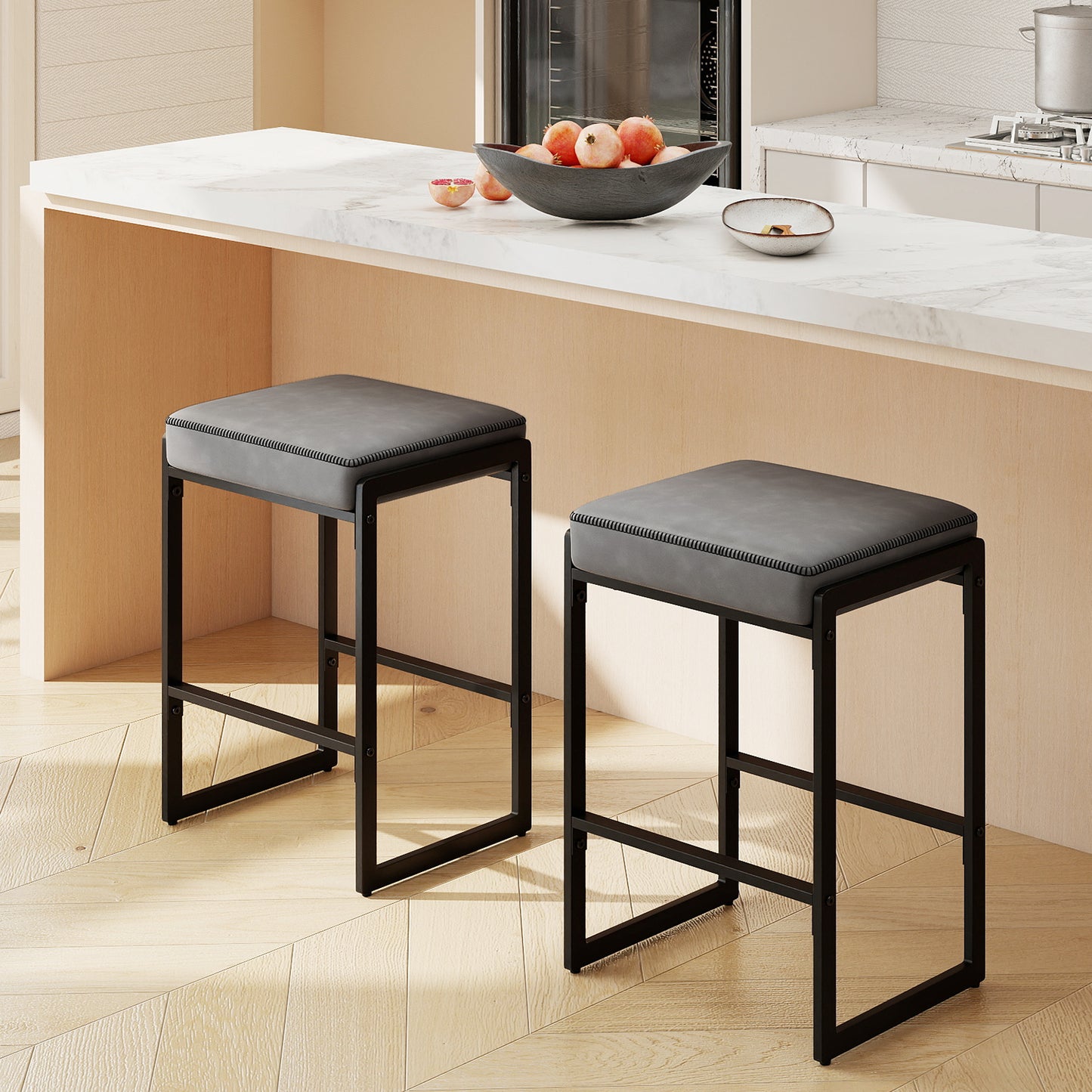 26 inch Bar Stools Set of 4 Counter Height Barstools with Faux Leather Upholstered Seat-Gray