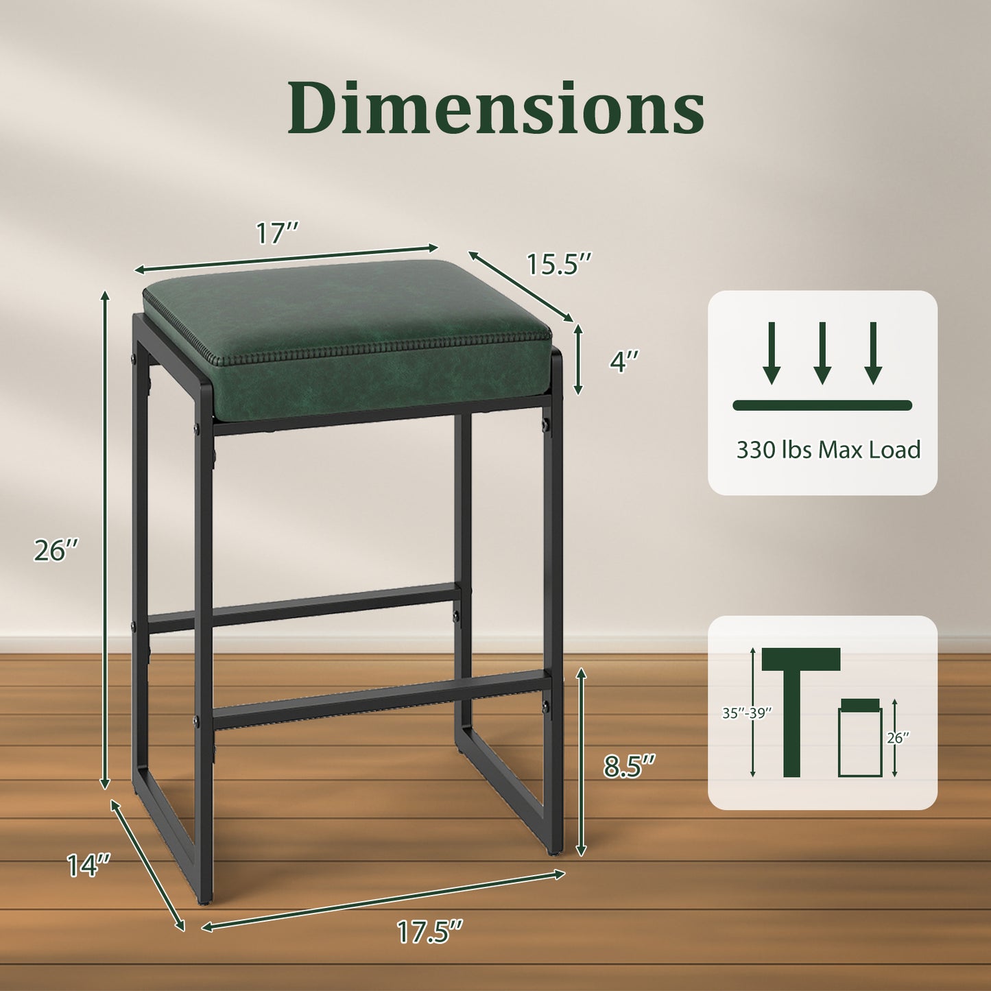 26 inch Bar Stools Set of 4 Counter Height Barstools with Faux Leather Upholstered Seat-Green