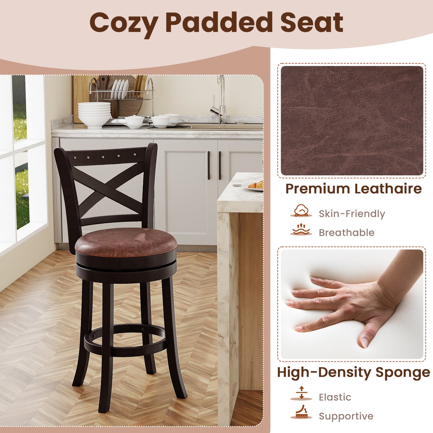 26/30 Inch Swivel Bar Stools Set of 2 Bar Chairs with Padded Seat-26 inches