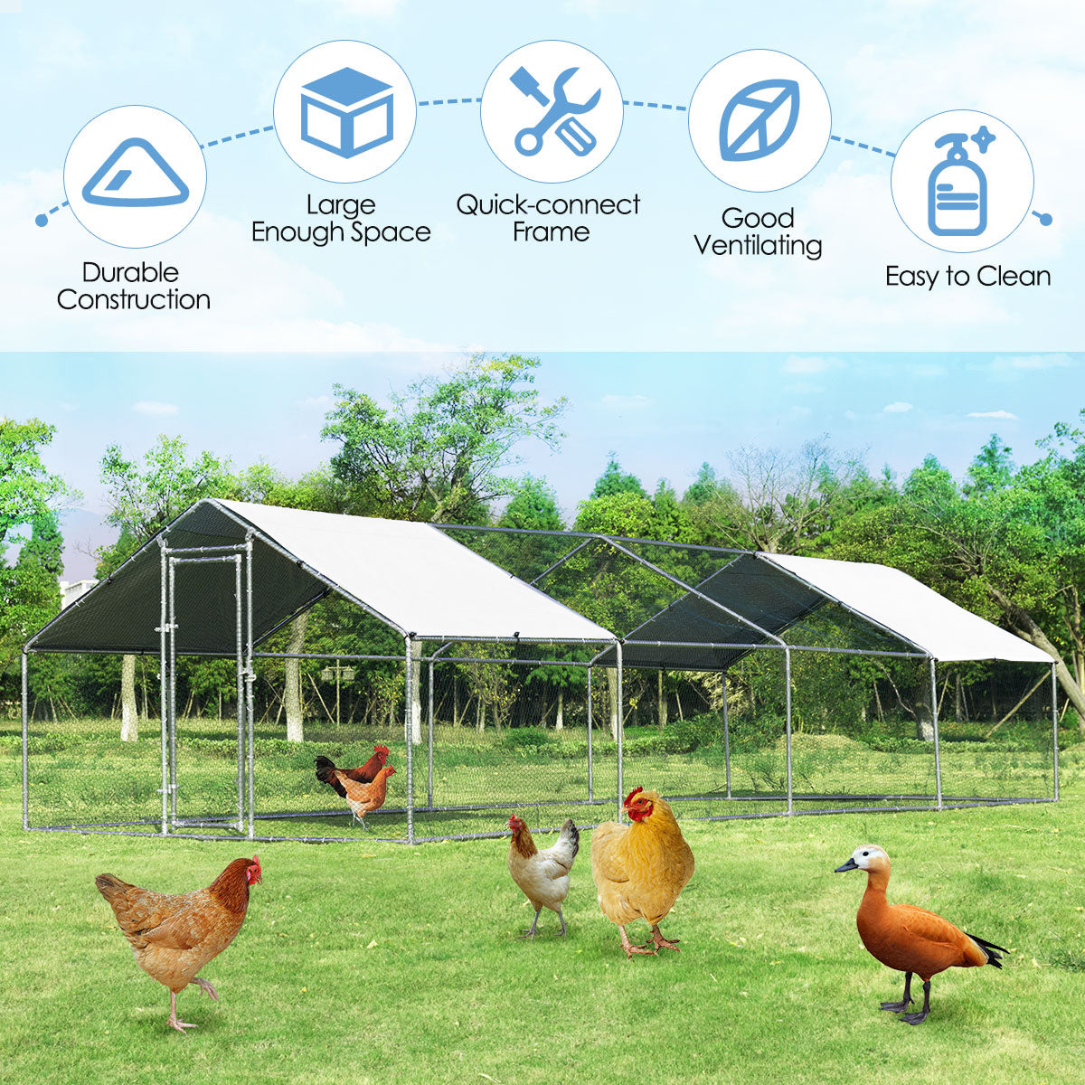 26.2 x 9.5 ft Large Walk-In Chicken Coop with Roof Cover