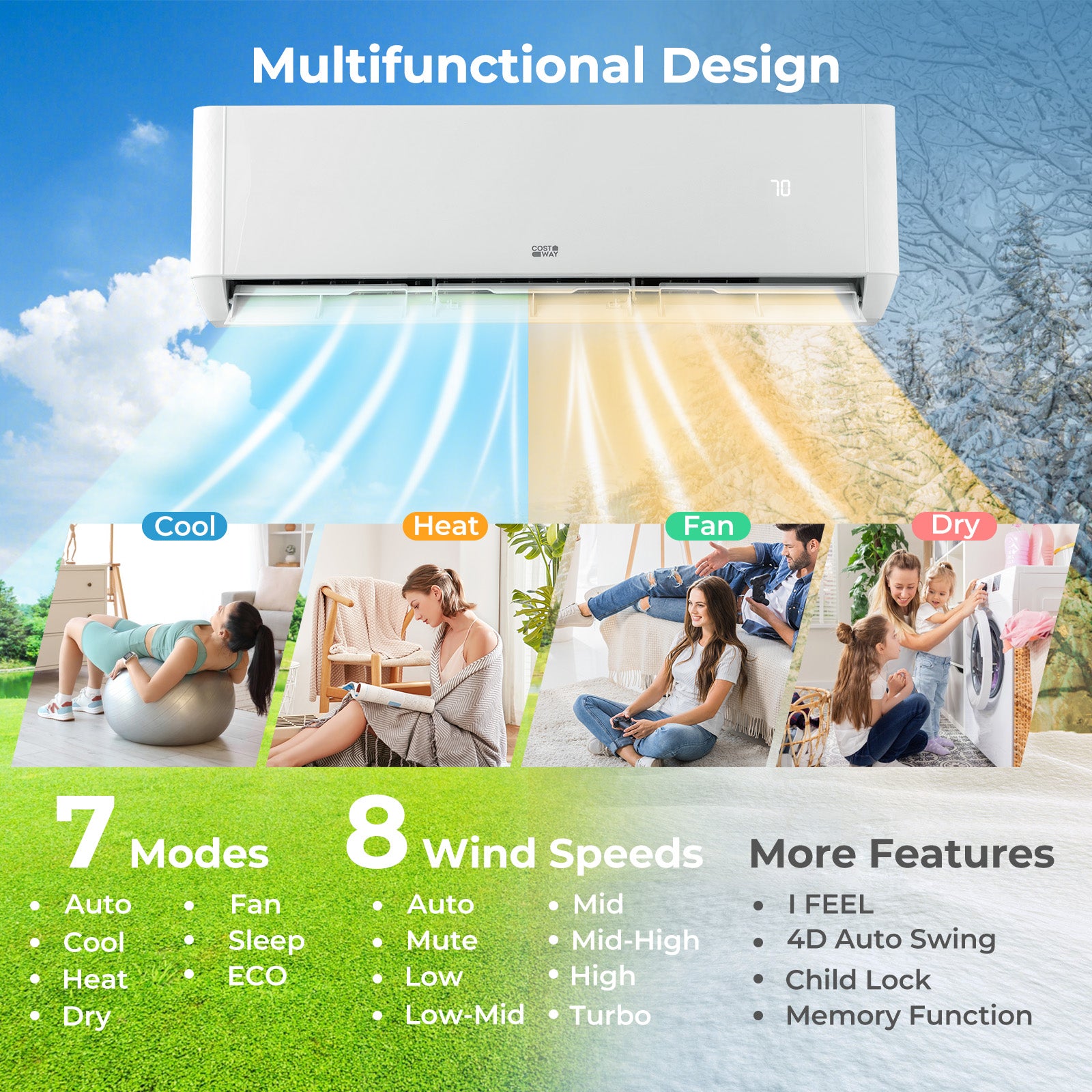 27000 BTU 3 Zone 22 SEER2 Mini Split AC with Heat Pump-9K + 9K + 18K