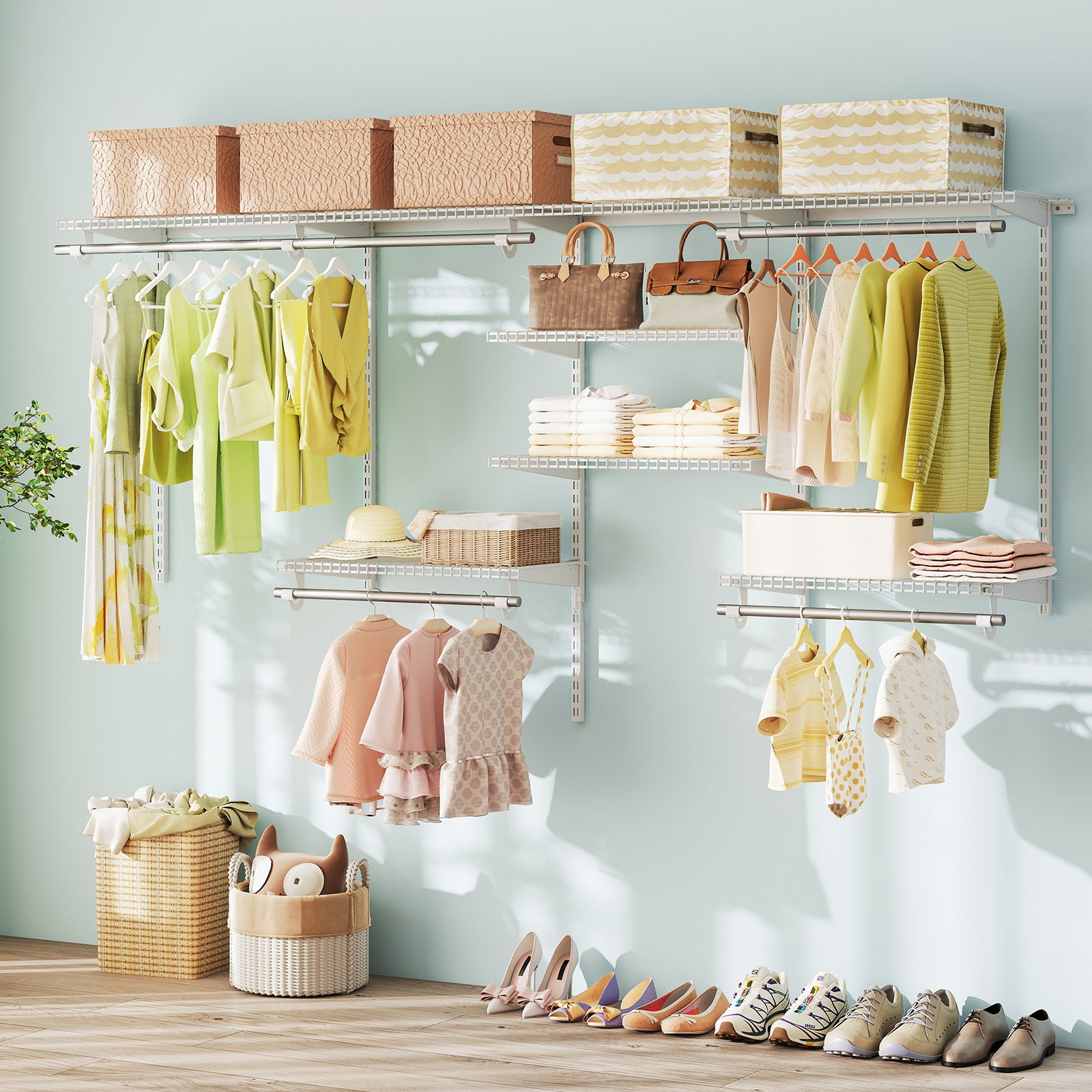 4-8 Feet Closet Organizers and Storage System with Hanging Rod for Laundry Bedroom-White