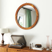 27 Inch Round Wall Mirror with Solid Acacia Wood Frame-Brown