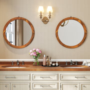 27 Inch Round Wall Mirror with Solid Acacia Wood Frame-Brown