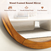 27 Inch Round Wall Mirror with Solid Acacia Wood Frame-Brown
