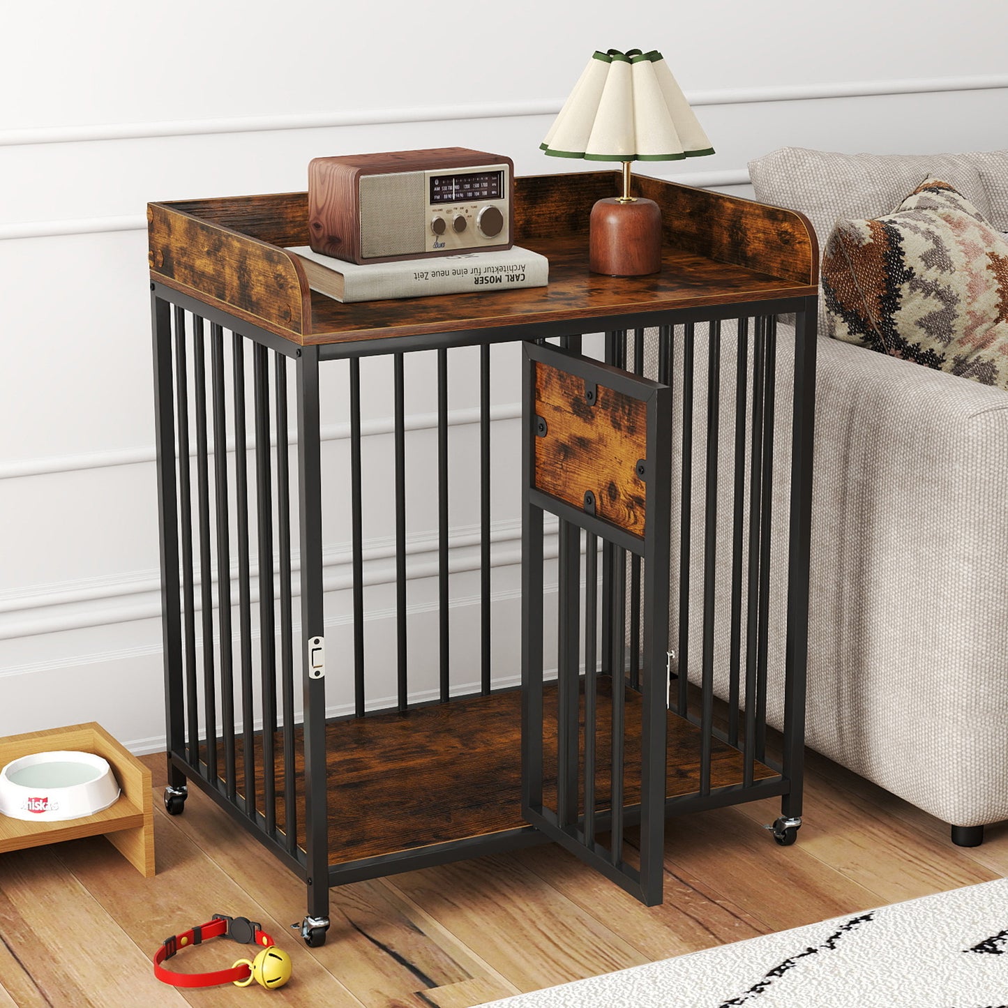 27.5 Inch Dog Crate Furniture with Wheels for Small Dogs and Puppies-Rustic Brown