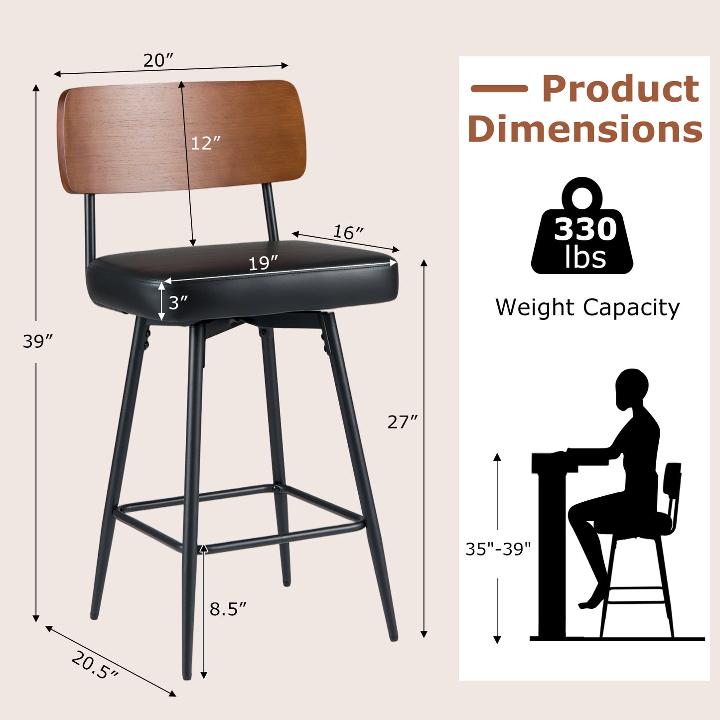 27 Inch Padded Counter Barstools Set of 2 with Metal Legs-Black