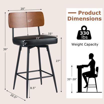 27 Inch Padded Counter Barstools Set of 2 with Metal Legs-Black