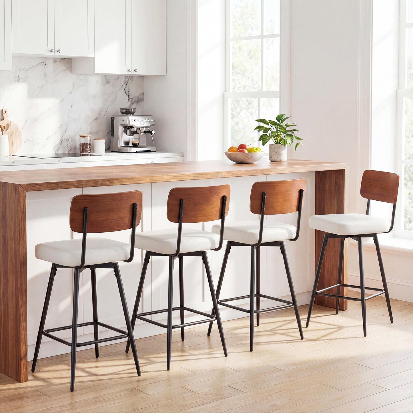 27 Inch Padded Counter Barstools Set of 2 with Metal Legs-White