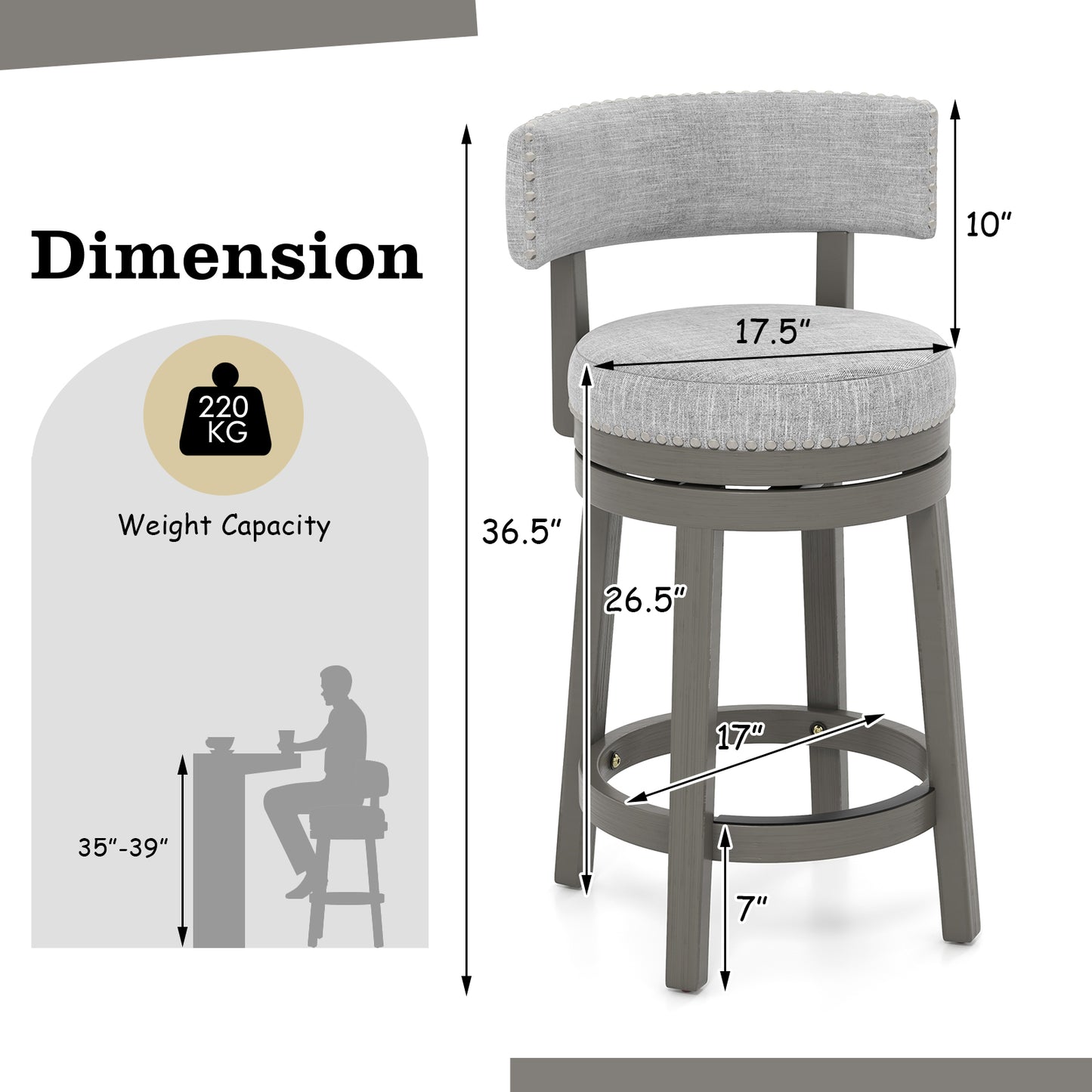 27/31 Inch Swivel Bar Stool with Upholstered Back Seat and Footrest-27 inches