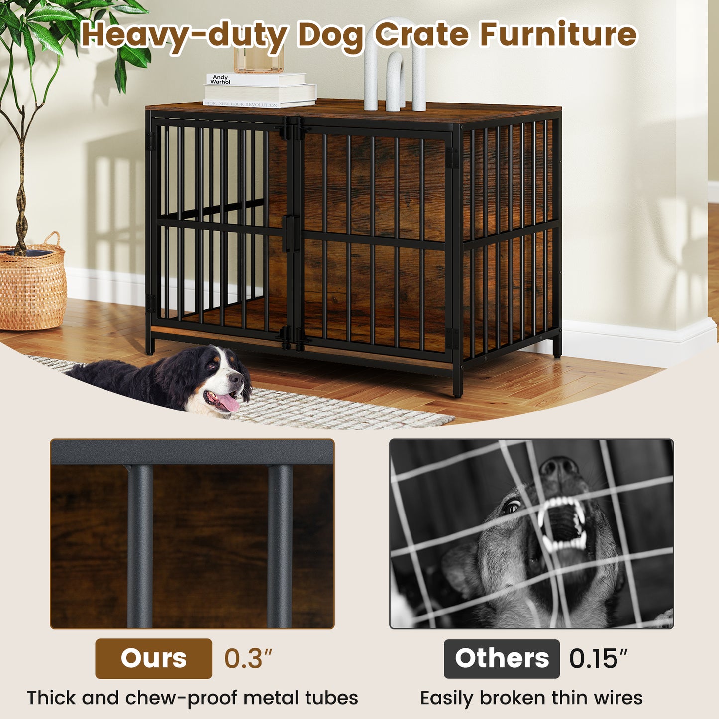 40 Inch Dog Crate Furniture Dog Kennel with Dual Lockable Double Doors-Rustic Brown