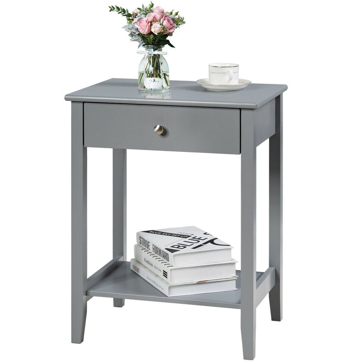 Wooden Nightstand End Table Storage Display -Gray