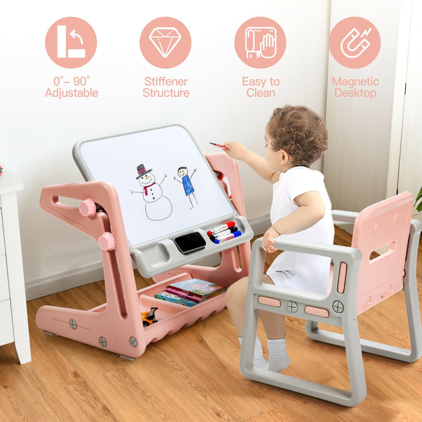 2 in 1 Kids Easel Table and Chair Set with Adjustable Art Painting Board-Pink