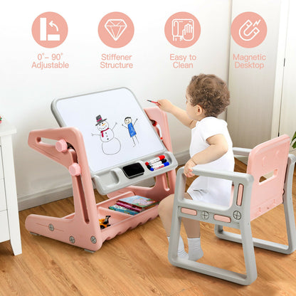2 in 1 Kids Easel Table and Chair Set with Adjustable Art Painting Board-Pink