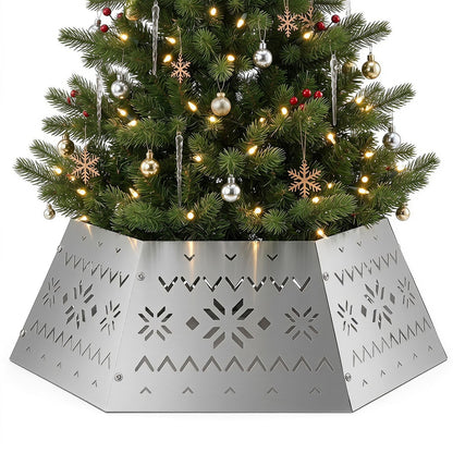 28 Inch Metal Hexagonal Christmas Tree Collar Silver 6-Piece Tree Skirt