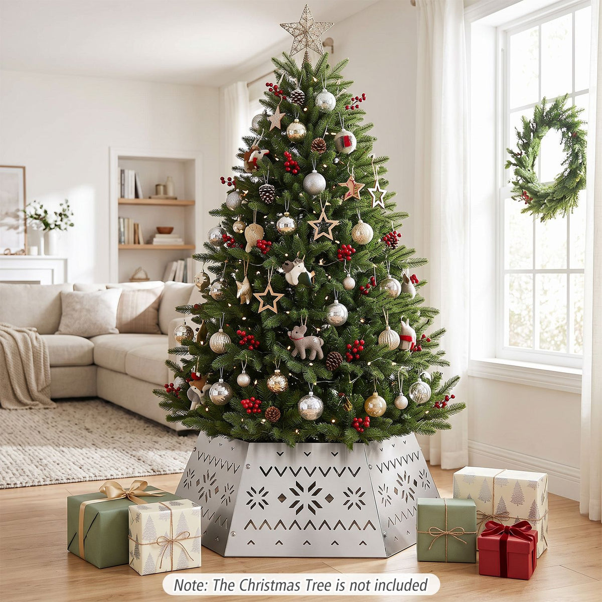 28 Inch Metal Hexagonal Christmas Tree Collar Silver 6-Piece Tree Skirt