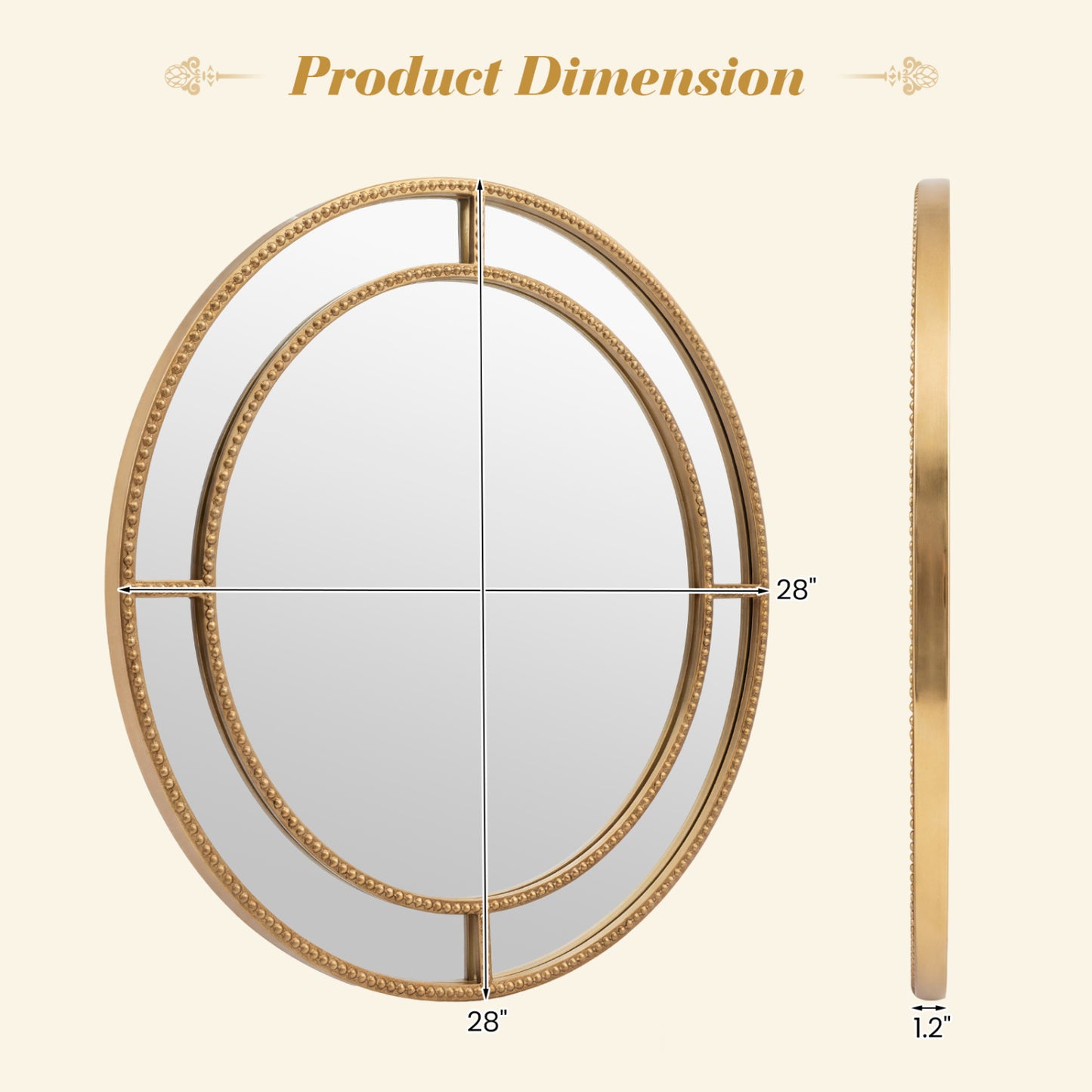 28 Inch Gold Round Wall Mirror with Beaded Frame for Living Room Entryway-Golden