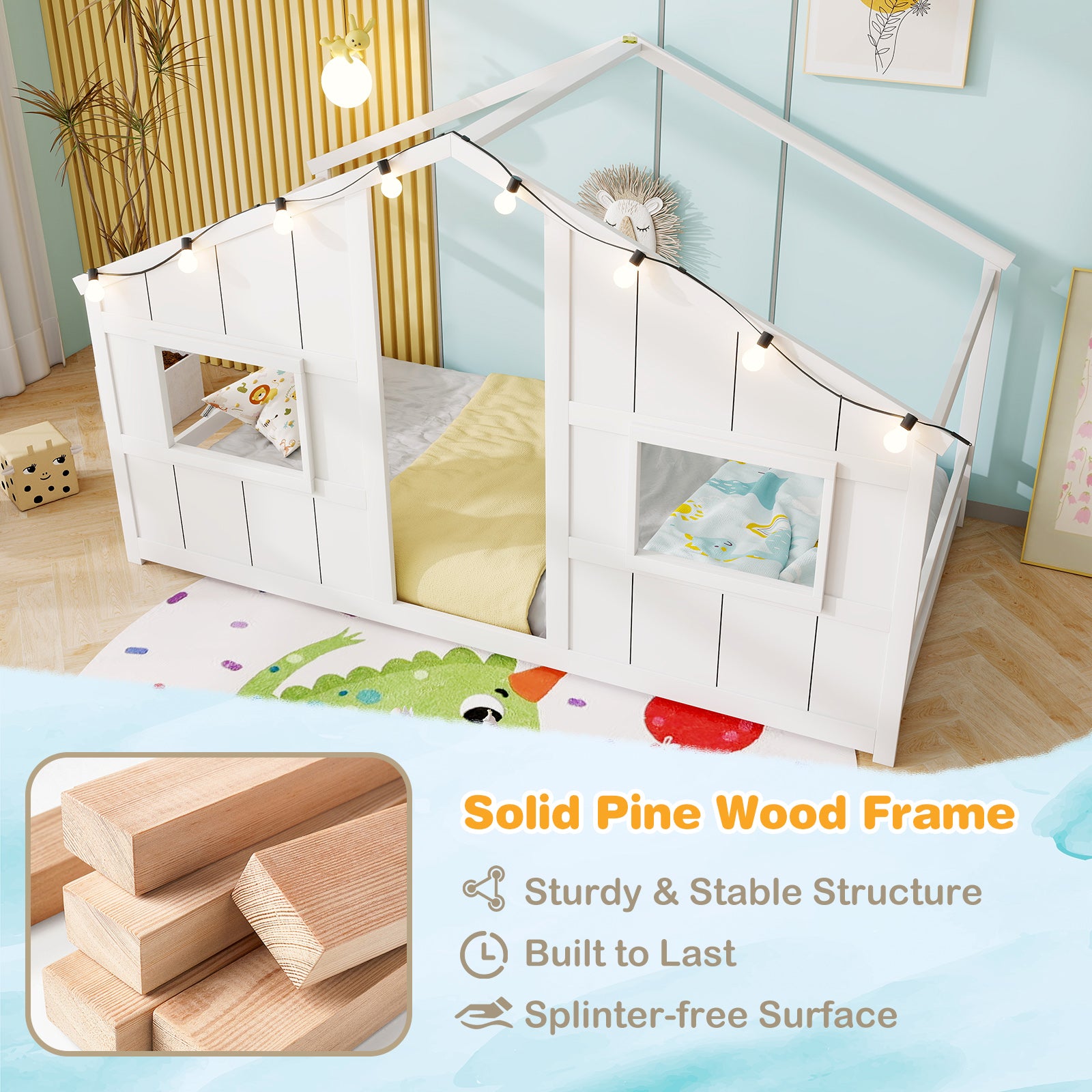 Twin Size House Bed with LED Lights Montessori Slat-free Floor Bed-White