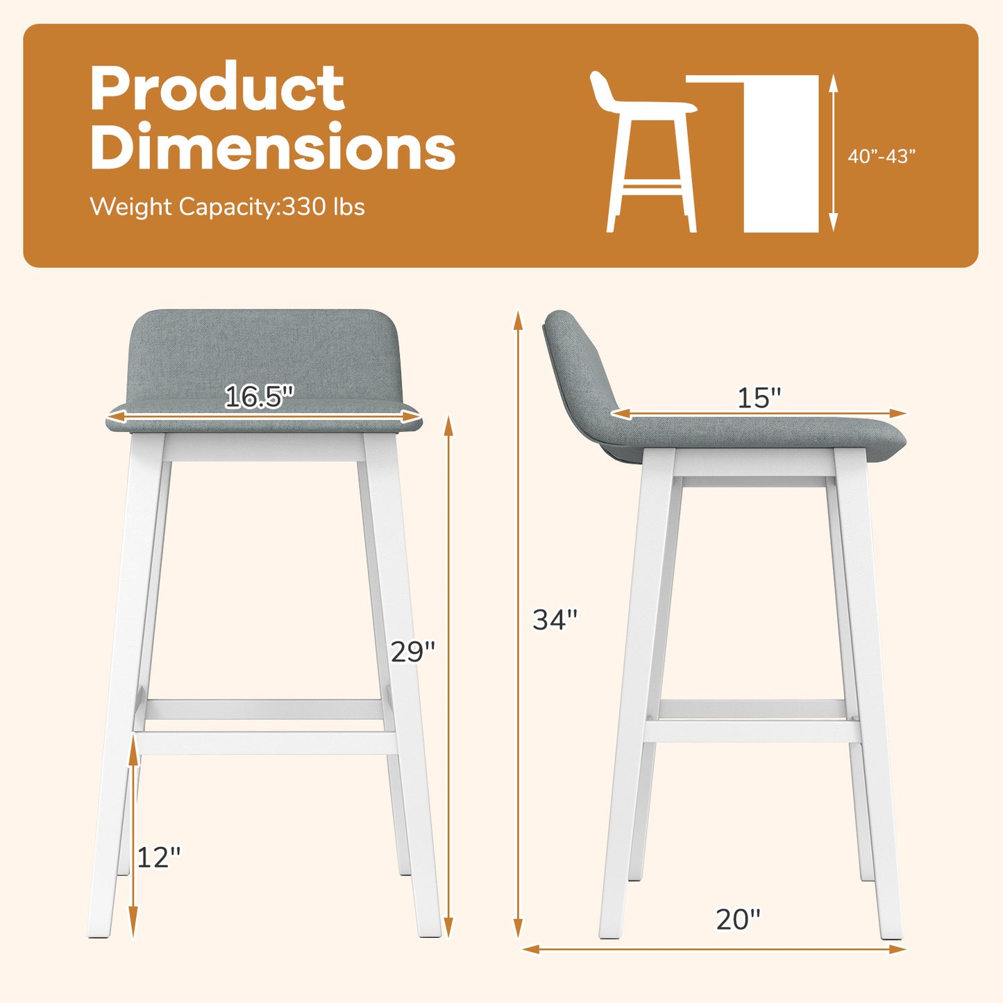 29 Inch Low-Back High-Top Chairs with Padded Seat and Rubber Wood Legs-White