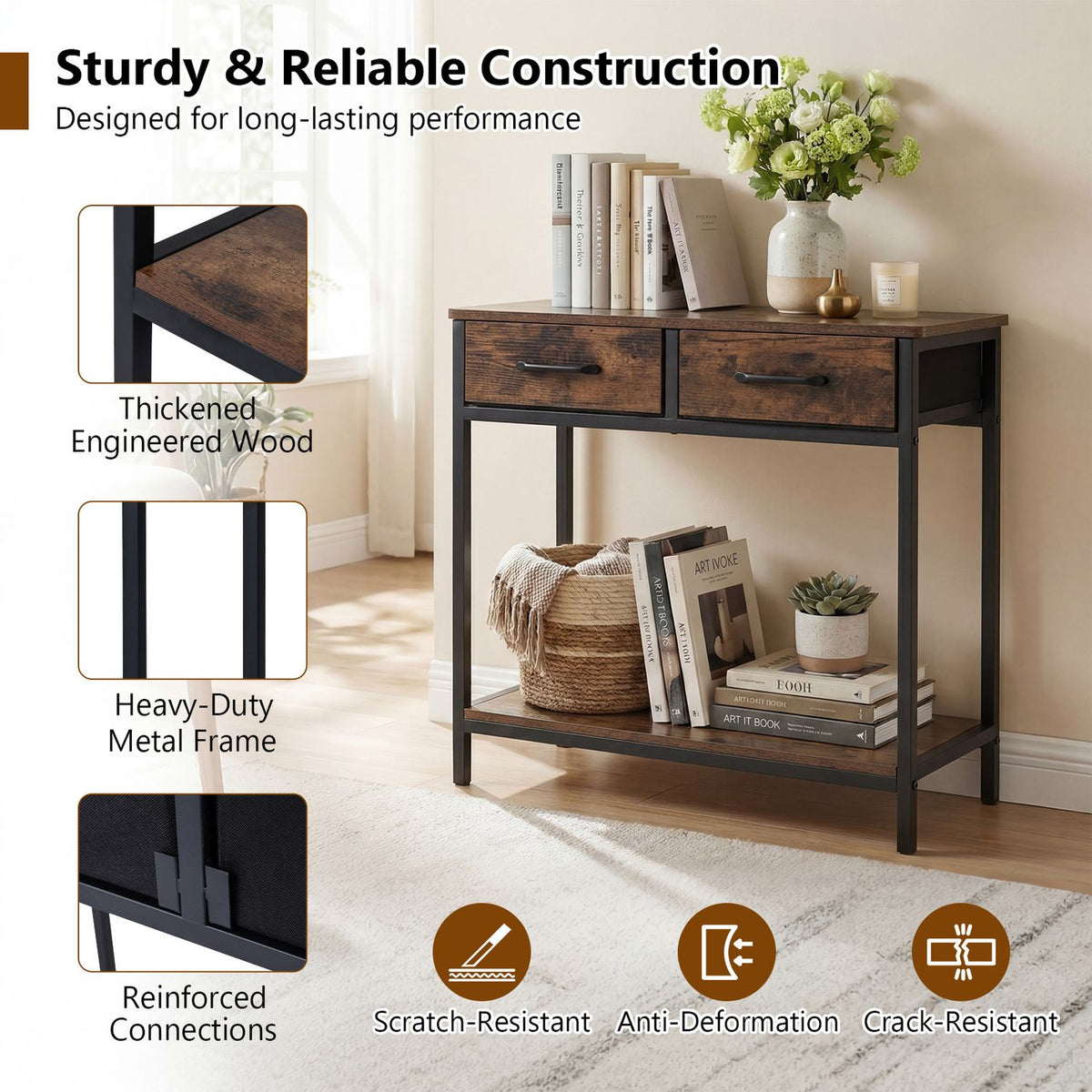 29.5” Narrow Console Table with 2 Fabric Drawers and Open Compartment
