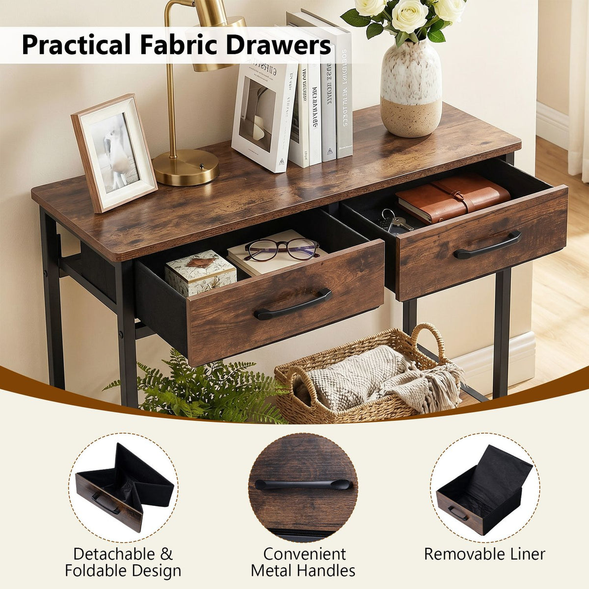 29.5” Narrow Console Table with 2 Fabric Drawers and Open Compartment