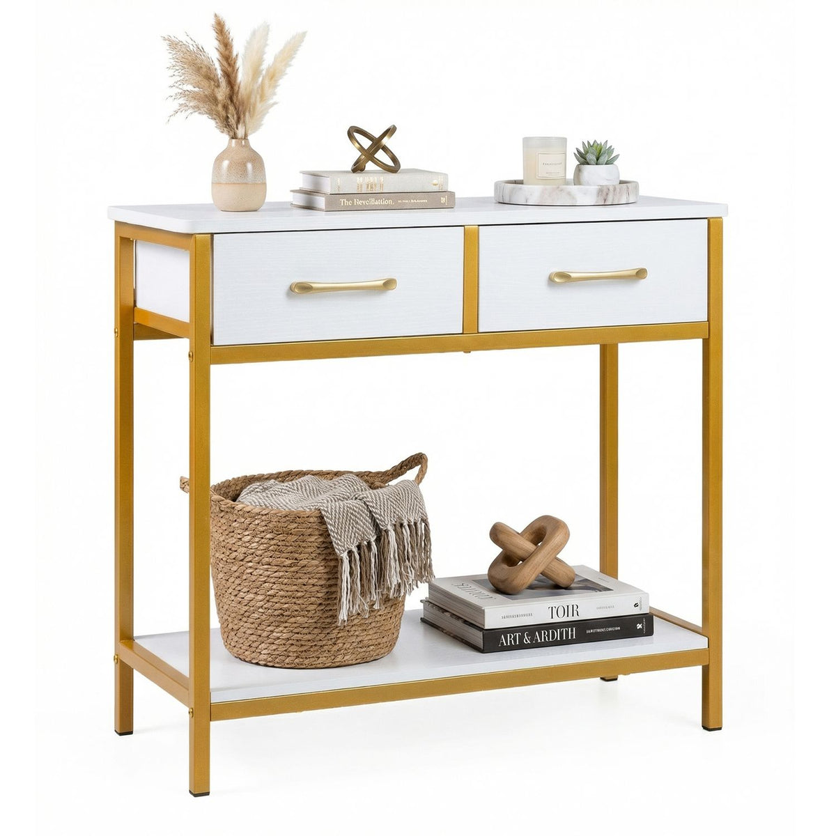 29.5” Narrow Console Table with 2 Fabric Drawers and Open Compartment