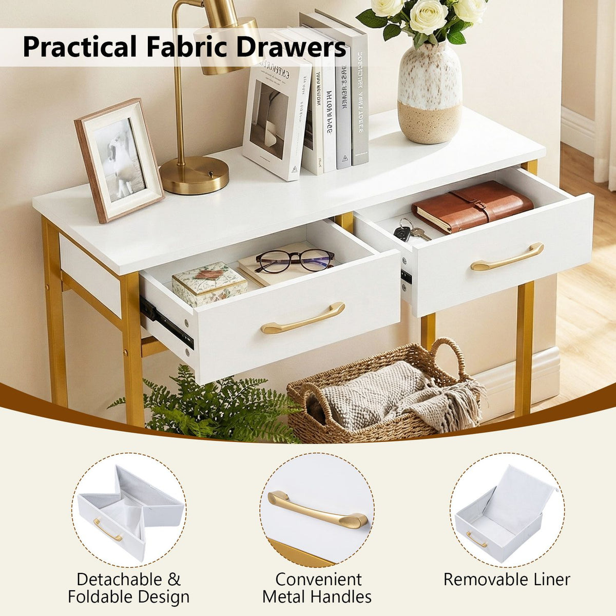 29.5” Narrow Console Table with 2 Fabric Drawers and Open Compartment