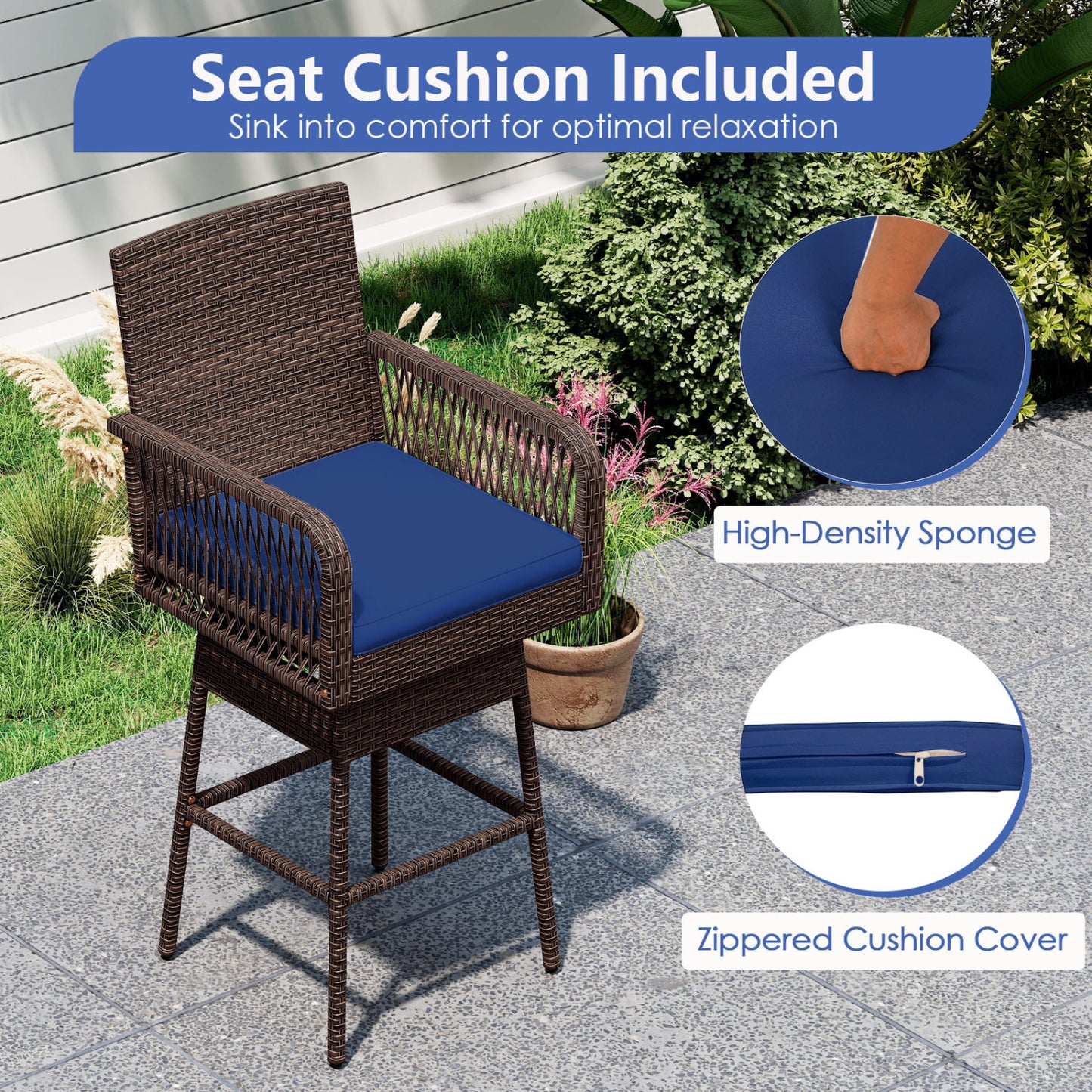 360° Swivel Bar Stool 29" Height with Cushion & Armrests