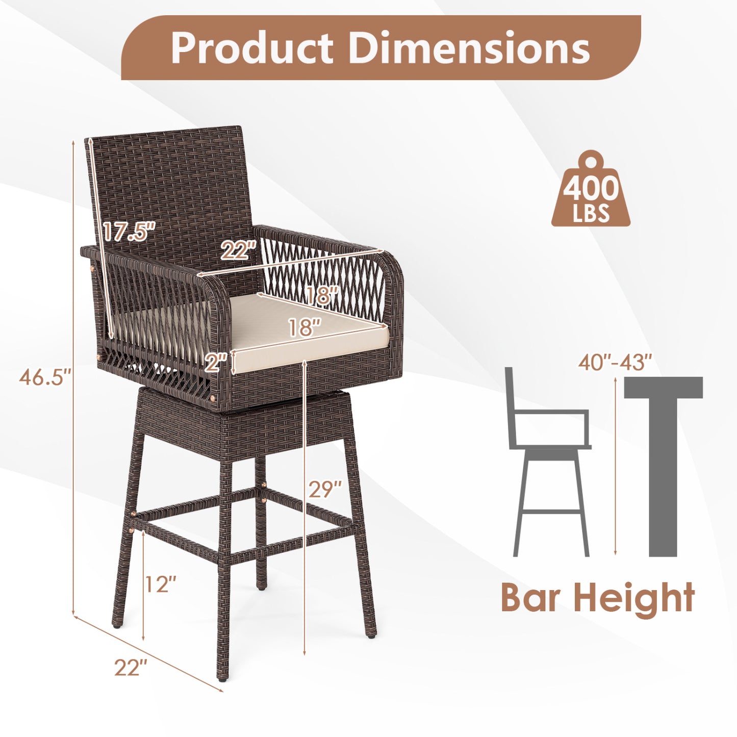 360° Swivel Bar Stool 29" Height with Cushion & Armrests