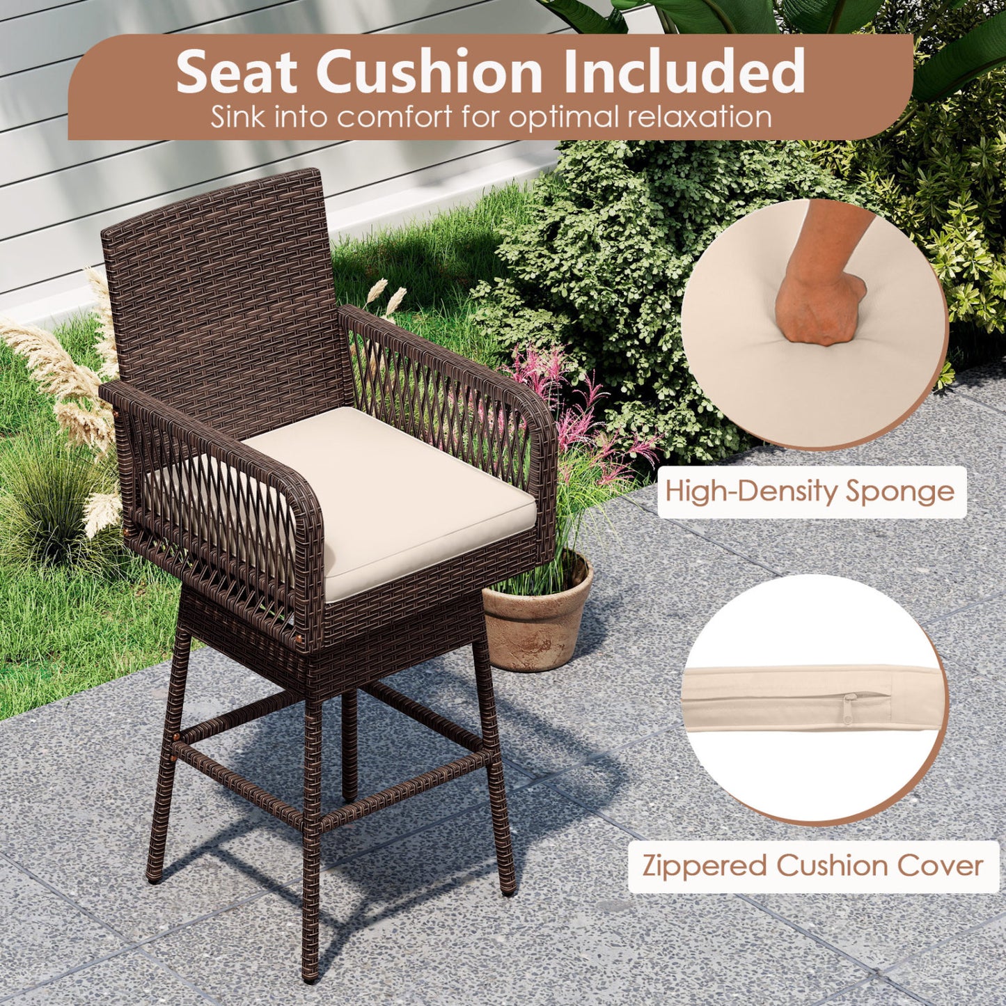 360° Swivel Bar Stool 29" Height with Cushion & Armrests