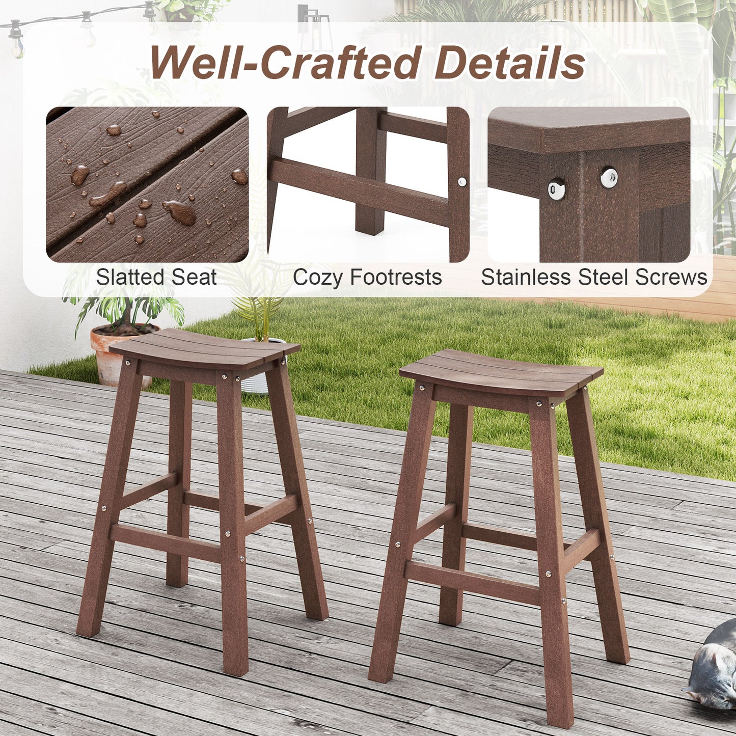 29 Inch HDPE Patio Bar Stool Set of 2 Armless Saddle Stools